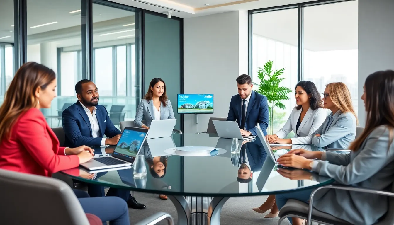 diverse real estate team collaborating in a modern office.