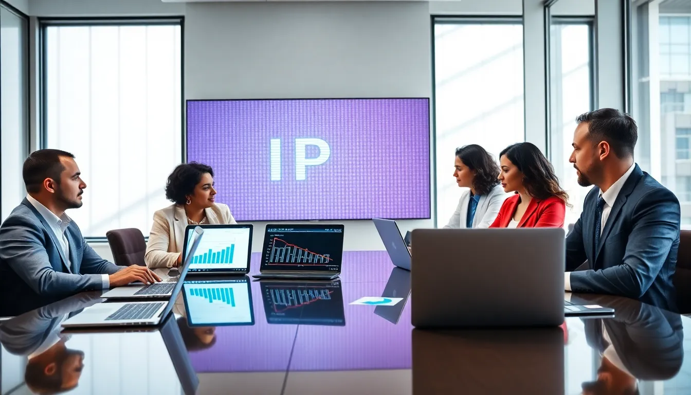 professionals discussing IP address concepts in a modern office.