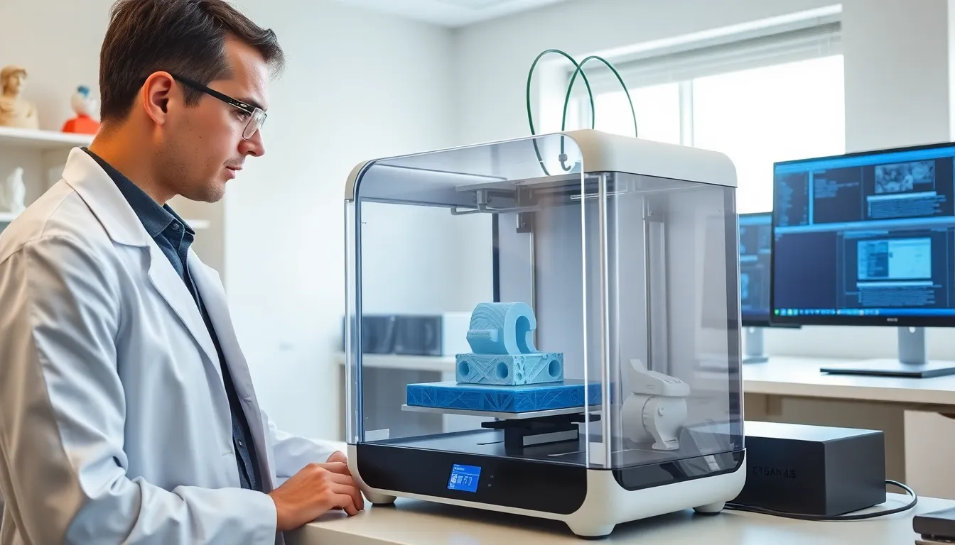 3D printer in a modern workspace with a raft being printed.