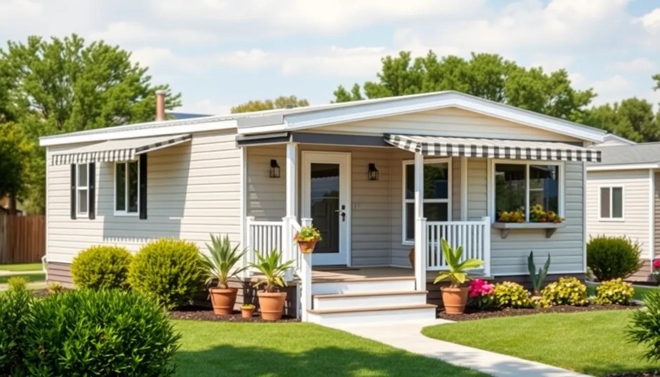 stylish mobile home exterior in a suburban setting.