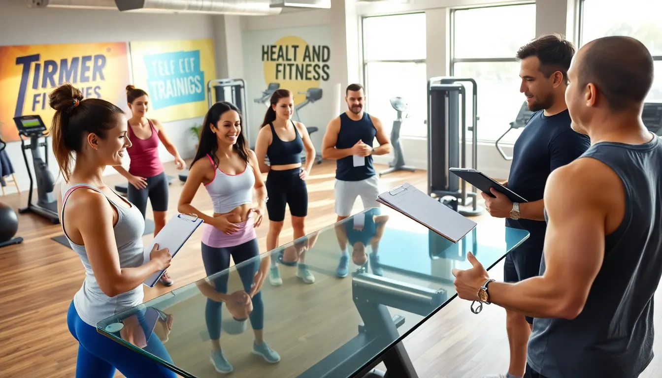 diverse group participating in free fitness training at a modern gym.