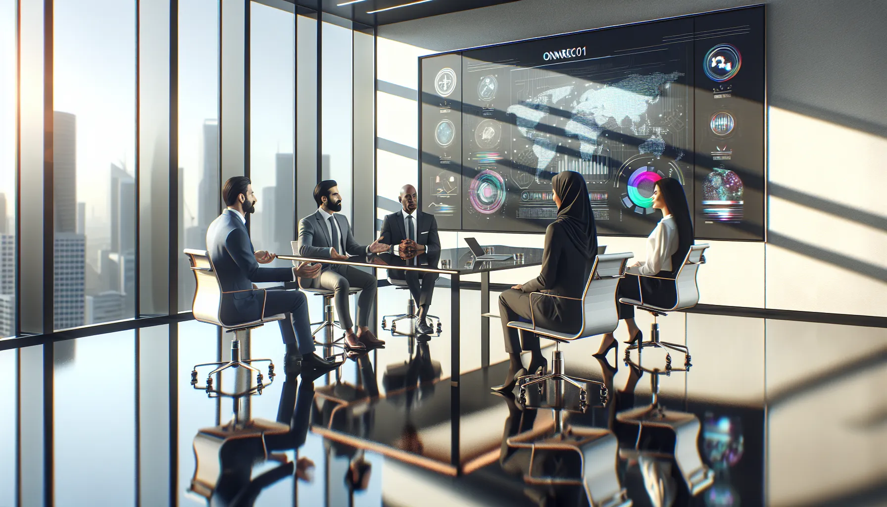 diverse professionals discussing innovative technology in a modern conference room.