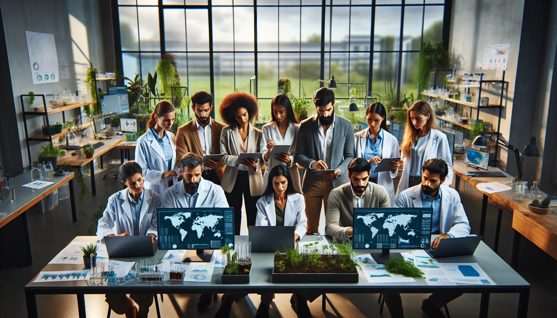 diverse scientists collaborating in a modern lab on environmental issues.
