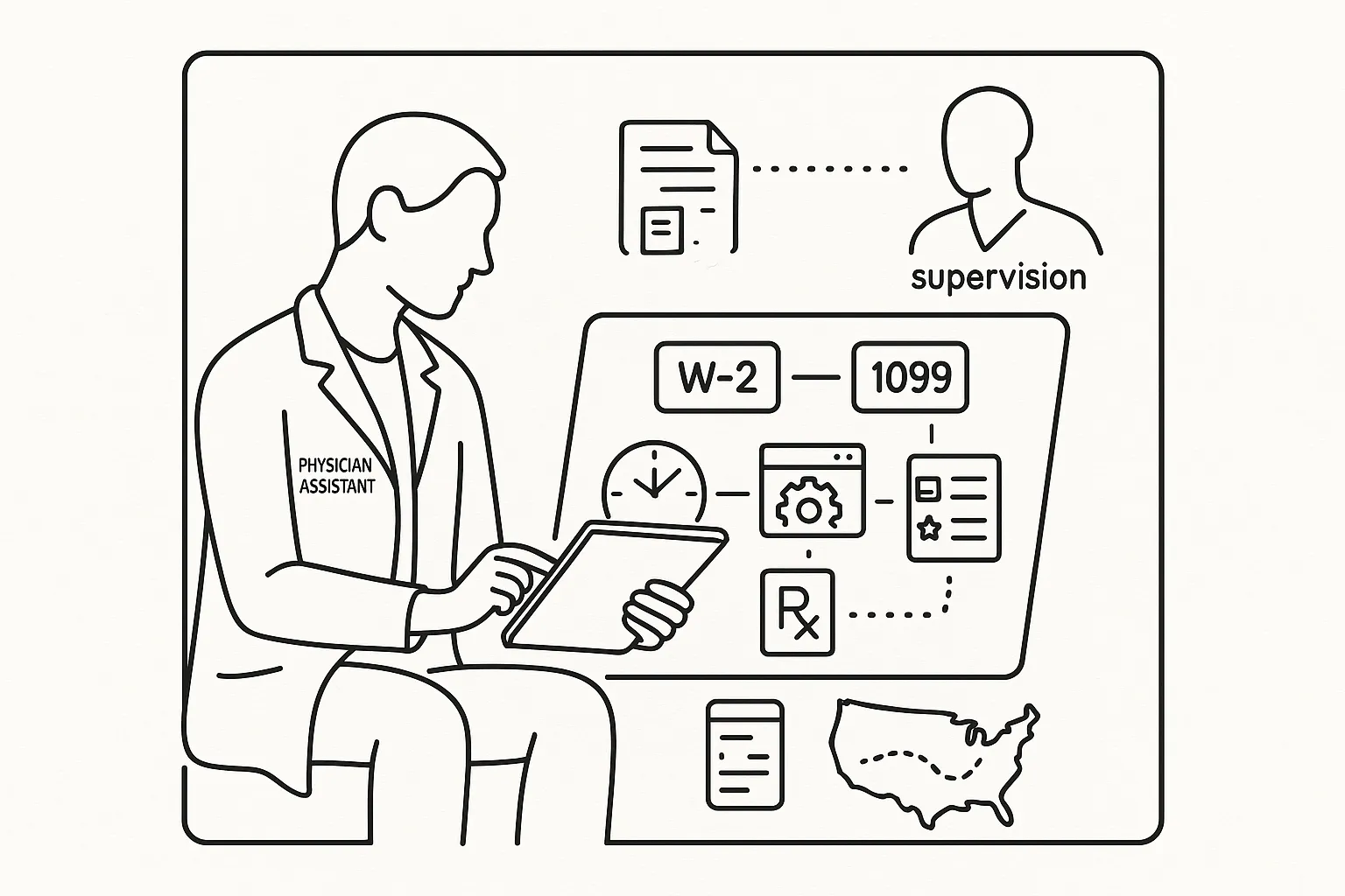 Physician Assistant reviewing telehealth contract with W-2/1099 and supervision icons.