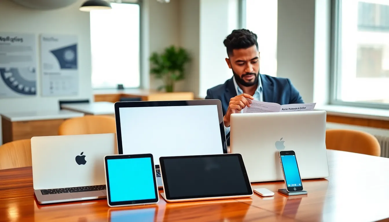 Display of refurbished Apple products in a modern office setting.