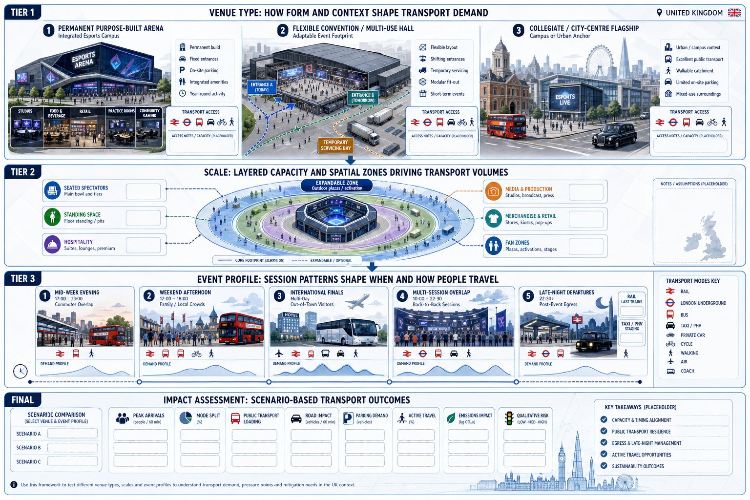 Infographic comparing venue type, scale, and event timing on esports transport impacts.