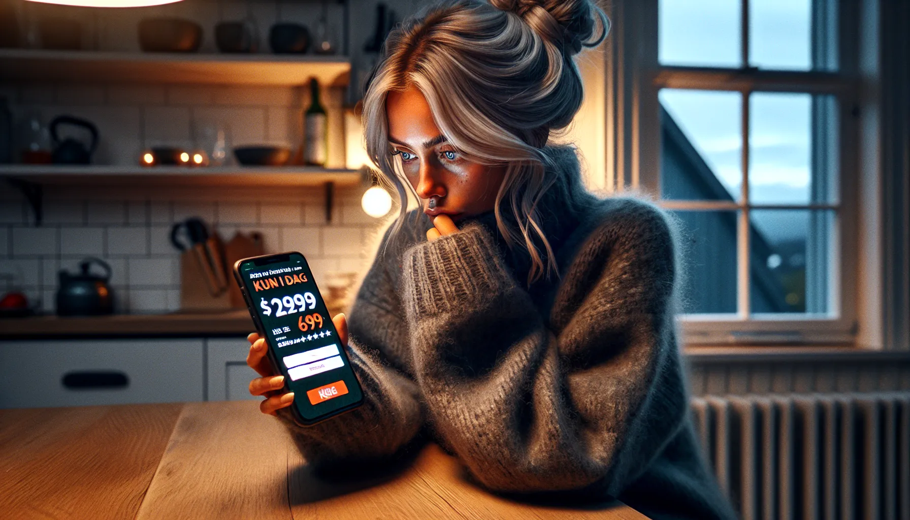 Tired norwegian woman hesitates over a tempting online deal with countdown timer.