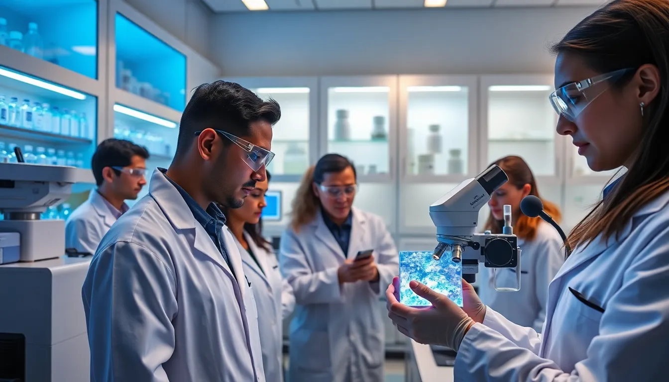 diverse scientists examining a sample of Mirbezumia in a modern lab.