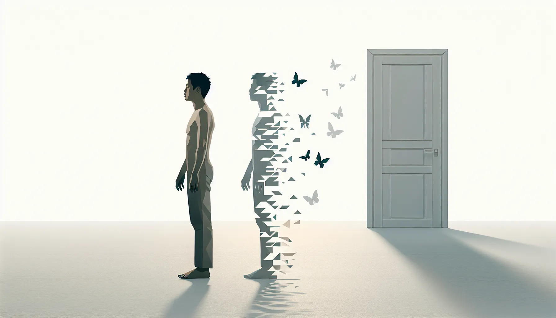 Human silhouette transforming into abstract geometric shapes representing metamorphosis and alienation.