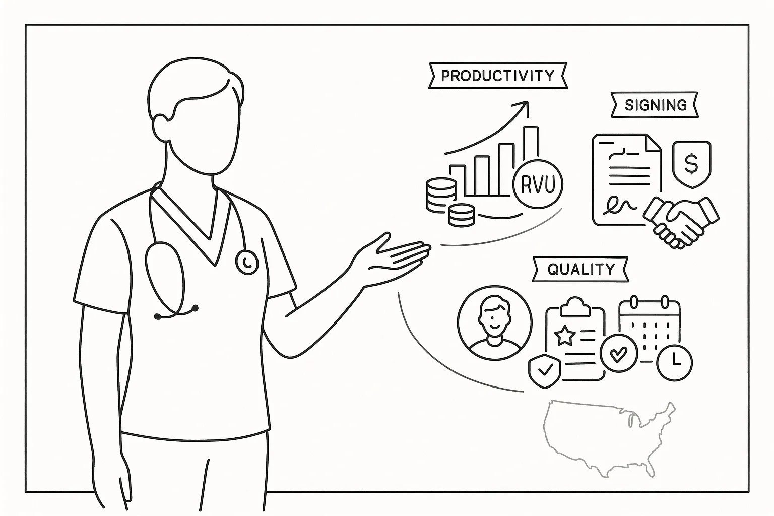 Nurse practitioner pointing to three icon groups for productivity, quality, and signing bonuses.