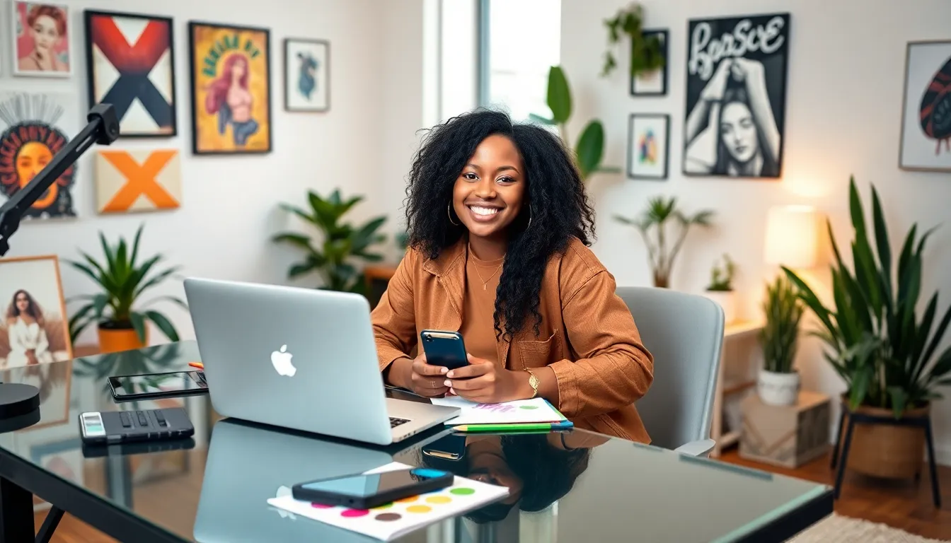 YungMamaGrey creating content in a vibrant, modern workspace.