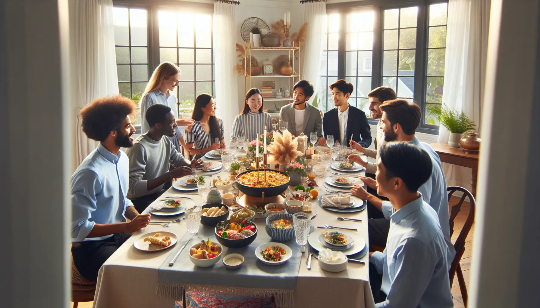 Diverse people celebrating around a table with traditional Rasnkada dish.
