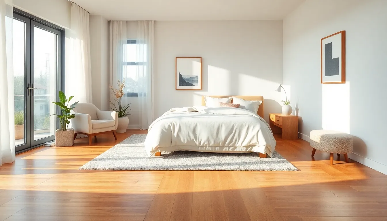 cozy bedroom with hardwood flooring and soft lighting.