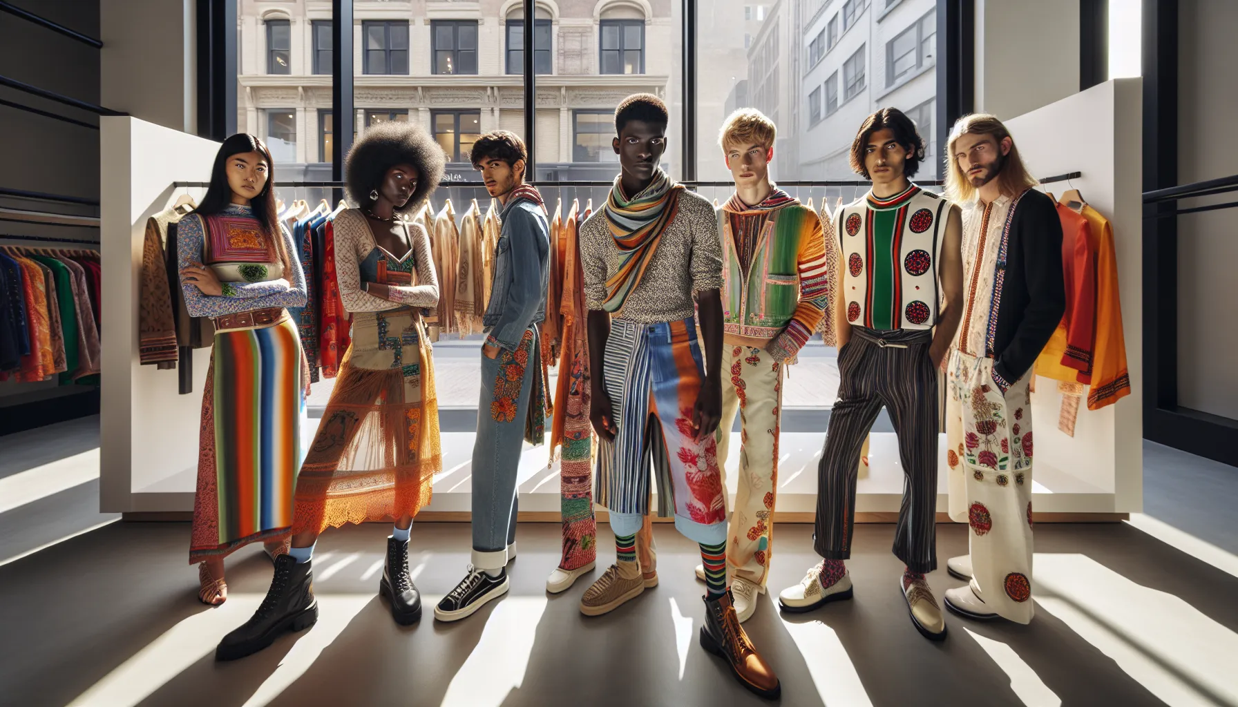 diverse group showcasing unique fashion in a modern boutique.