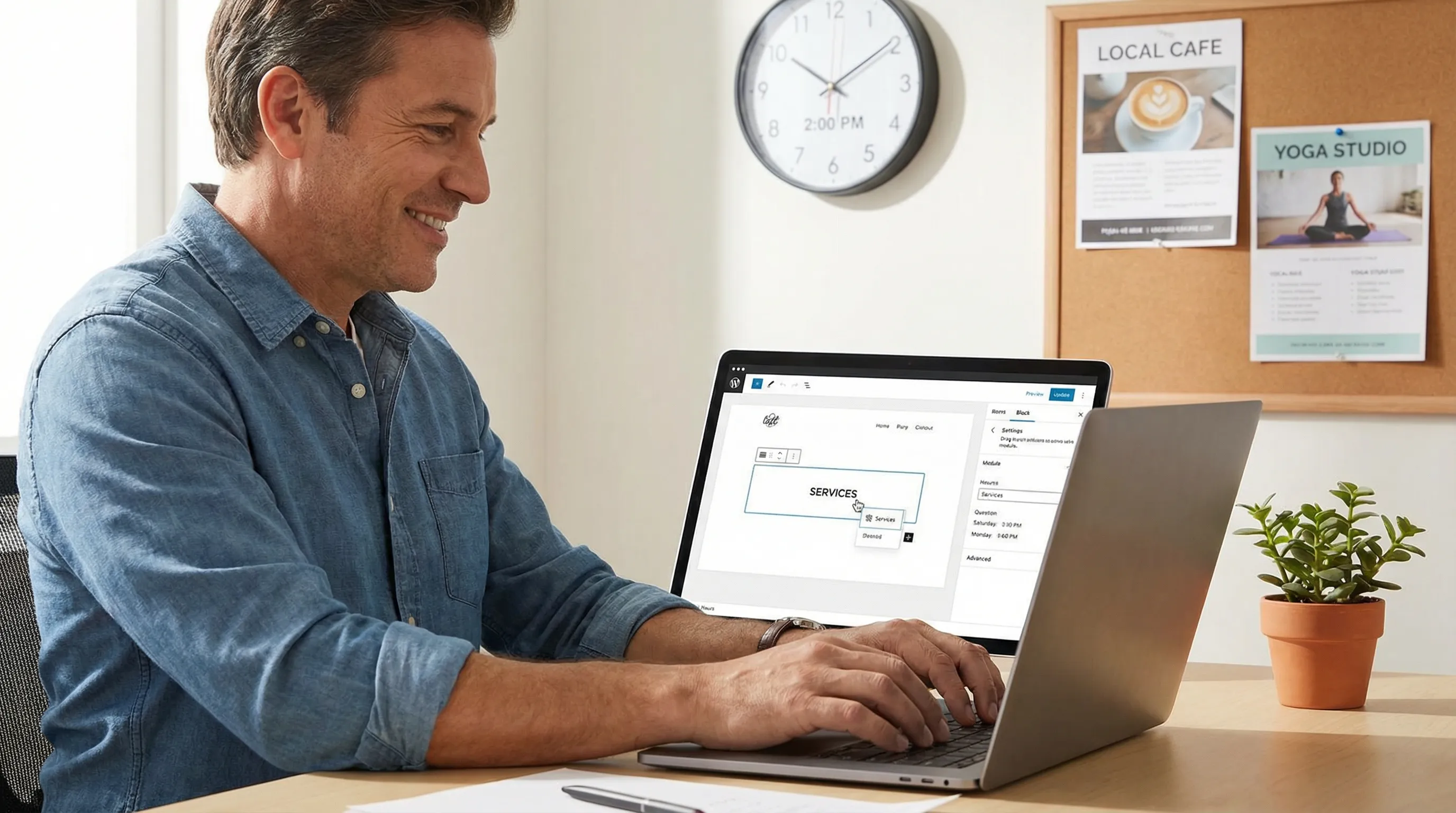 Business owner using a laptop to quickly edit hours and services on a simple website editor.