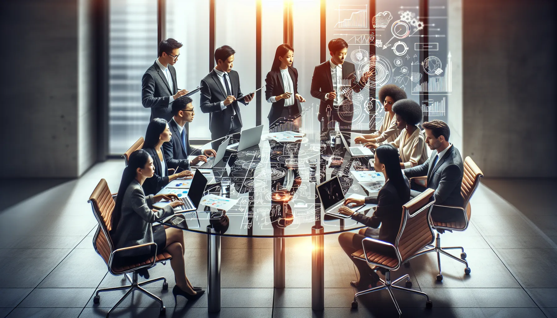 diverse professionals collaborating in a modern office during a brainstorming session.