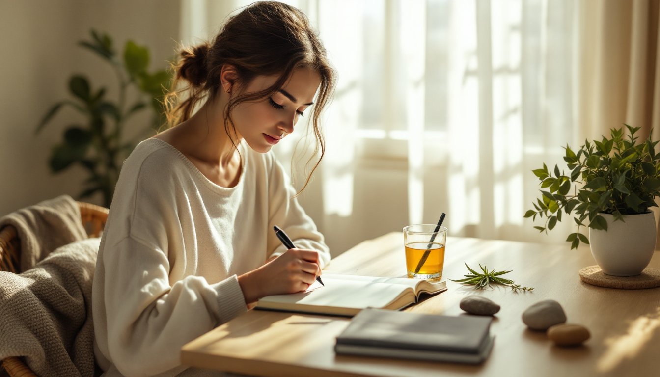 A woman journaling thoughtfully at a sunlit desk with herbal tea.
