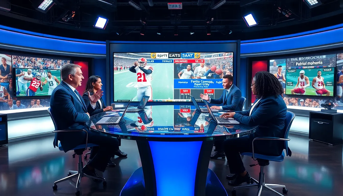 sports analysts discussing top headlines in a modern news studio.