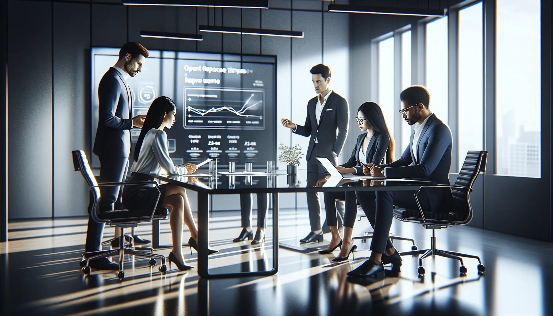 diverse team discussing response times in a modern office.