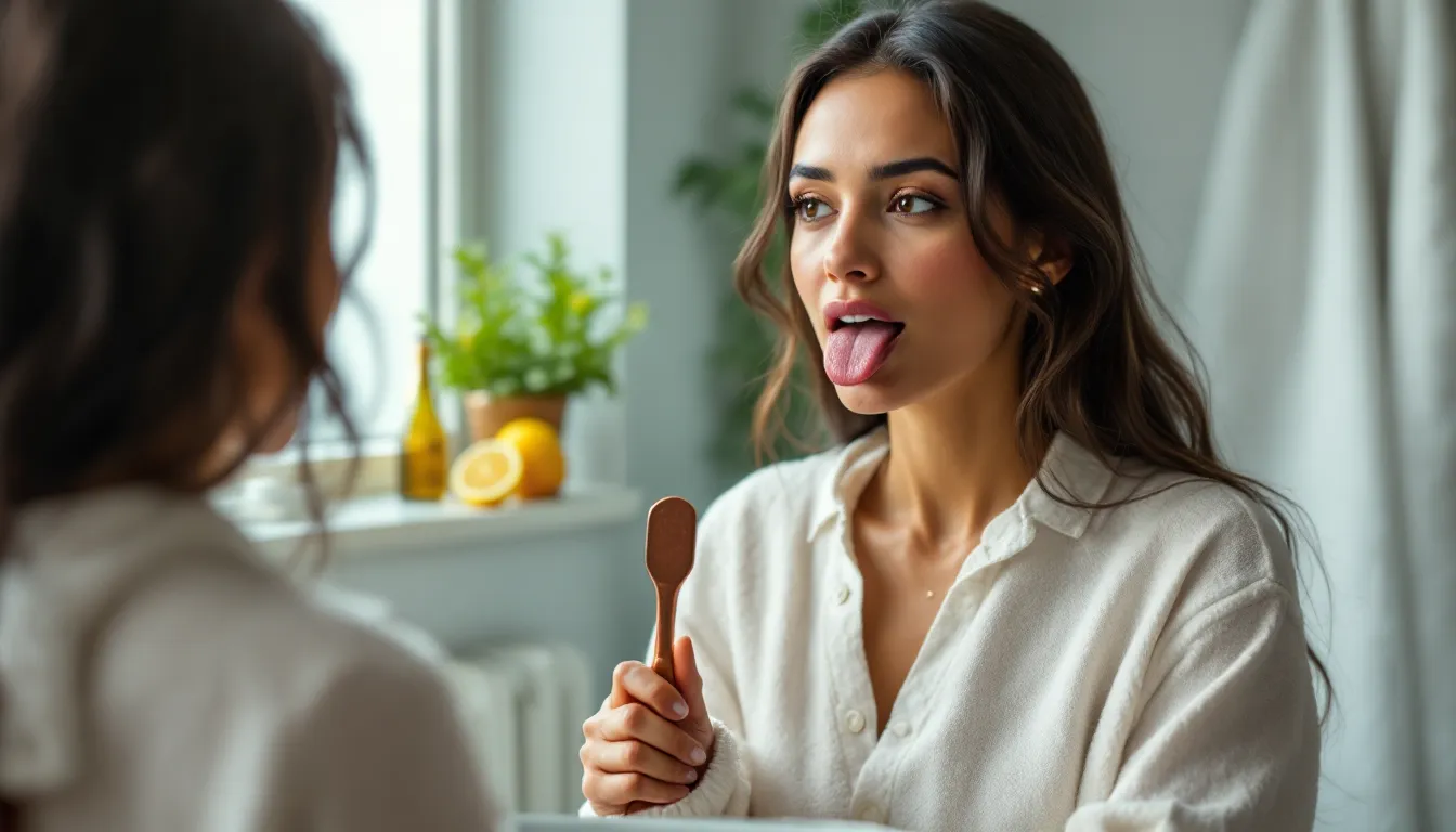 Woman examining her tongue coating in a bathroom mirror during morning light.