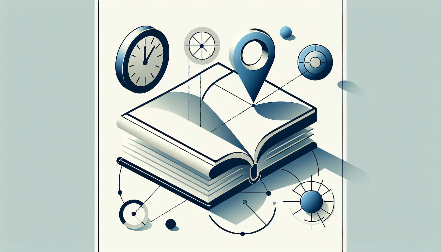 Open book with floating clock and location symbols above it