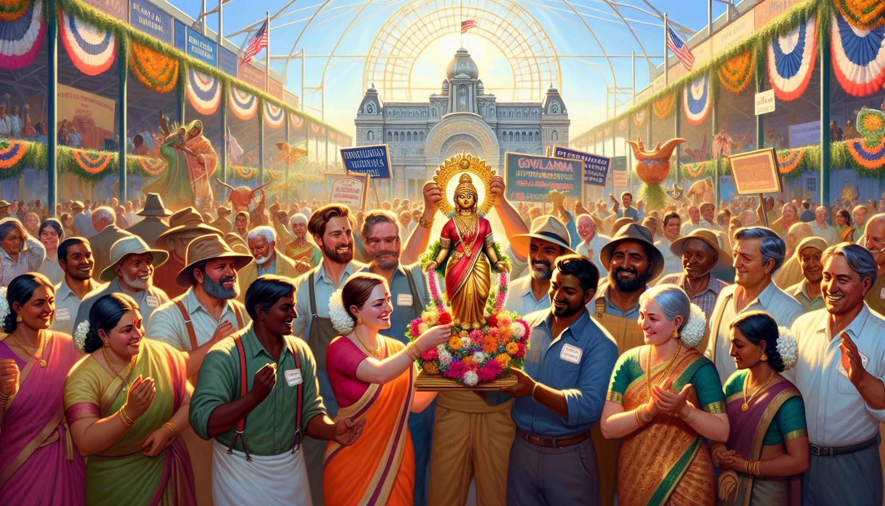 Diverse group celebrating Gowthalamma in a vibrant outdoor festival.