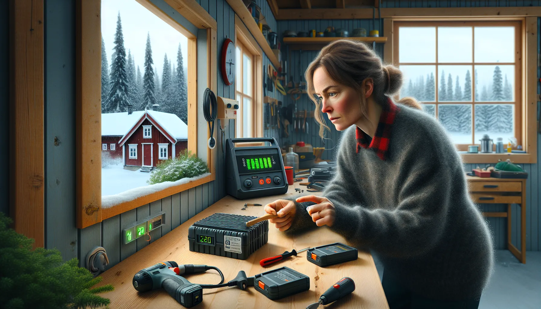 Hvordan vedlikeholde batteridrevne verktøy for optimal ytelse 3 Woman warms a cold tool battery before standard charging in a norwegian workshop.