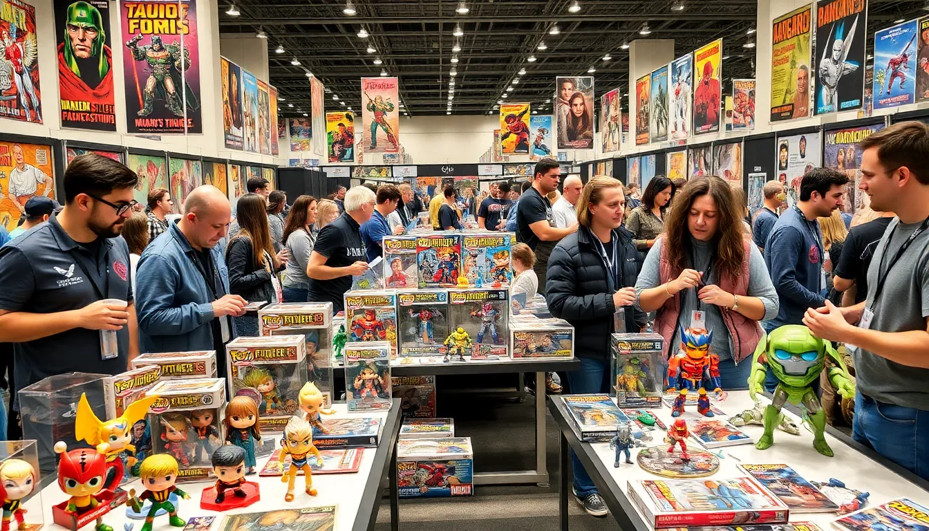 a diverse group of collectors at a pop culture collectibles trade show.