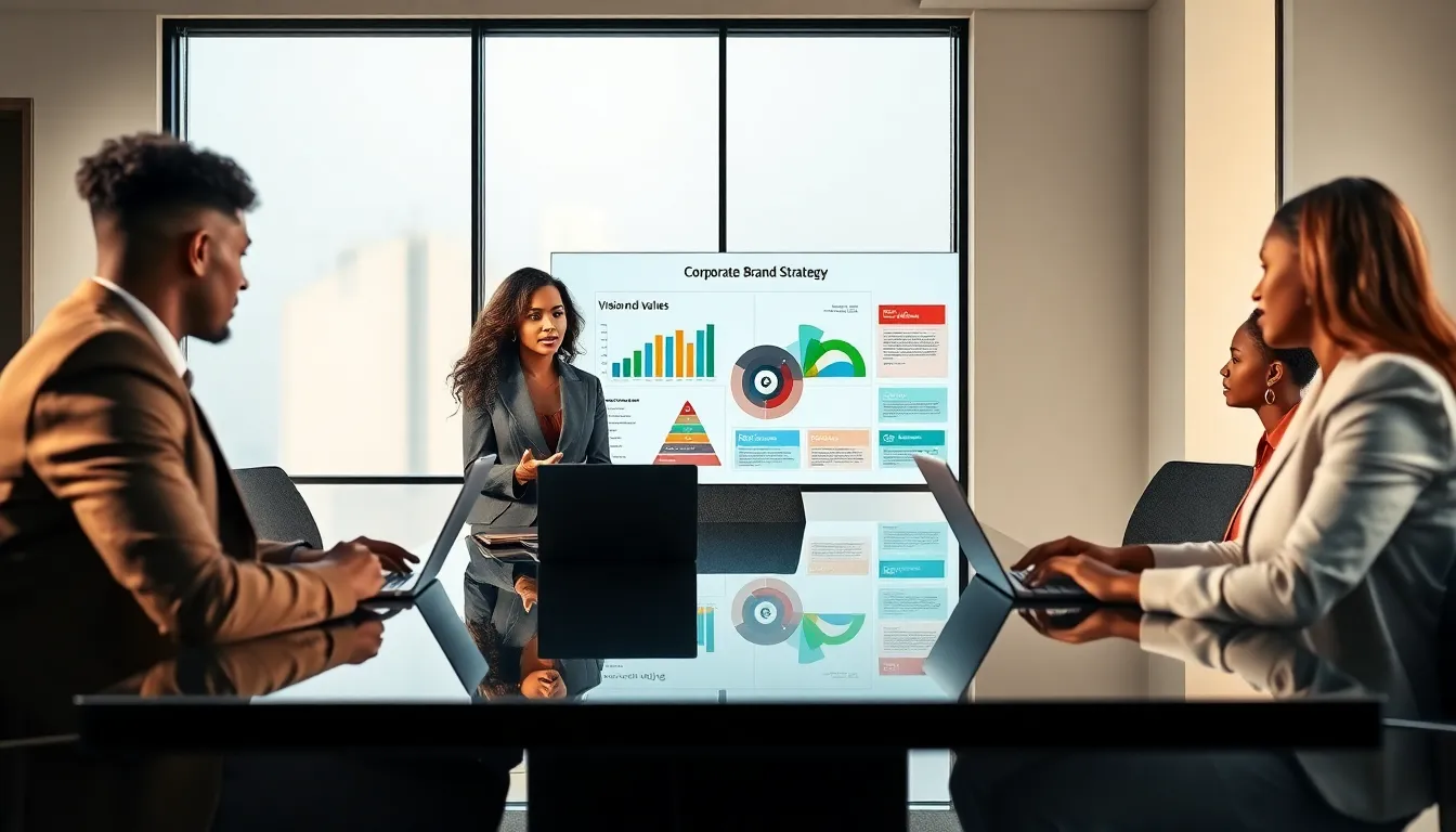 diverse team discussing corporate brand strategy in a modern office.