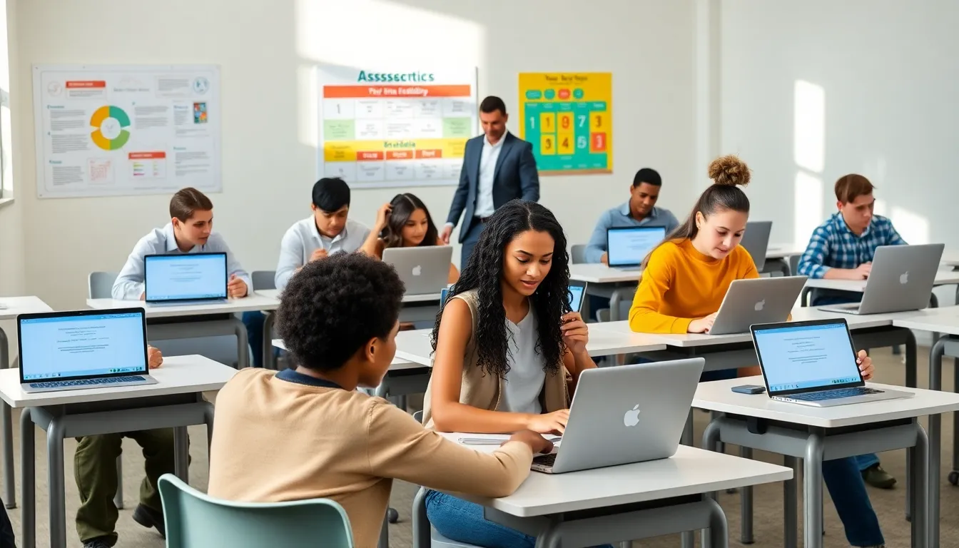 students using digital tools for formative assessment in a modern classroom.