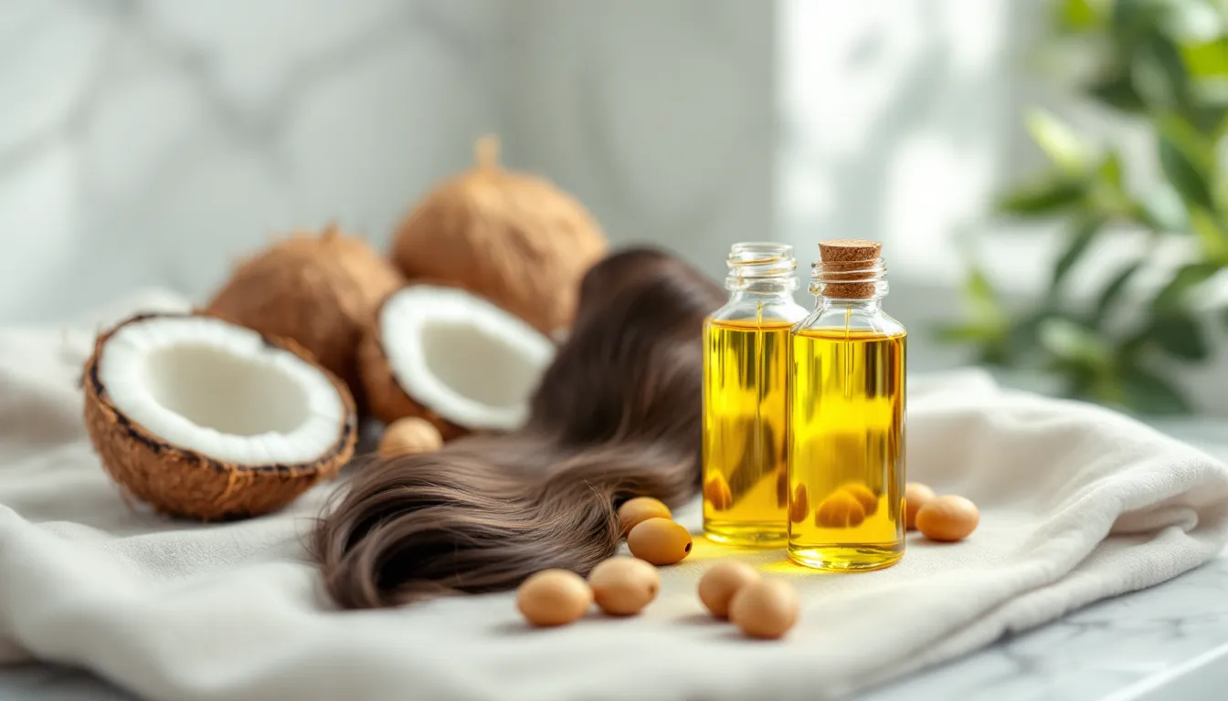 Two glass bottles of hair oil on a marble surface with a hair strand.
