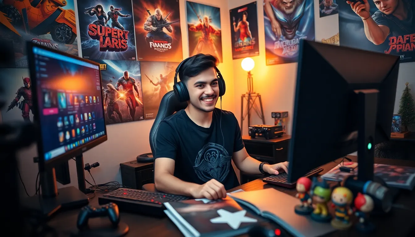 A young male gamer writing on a blog in a cozy gaming room.