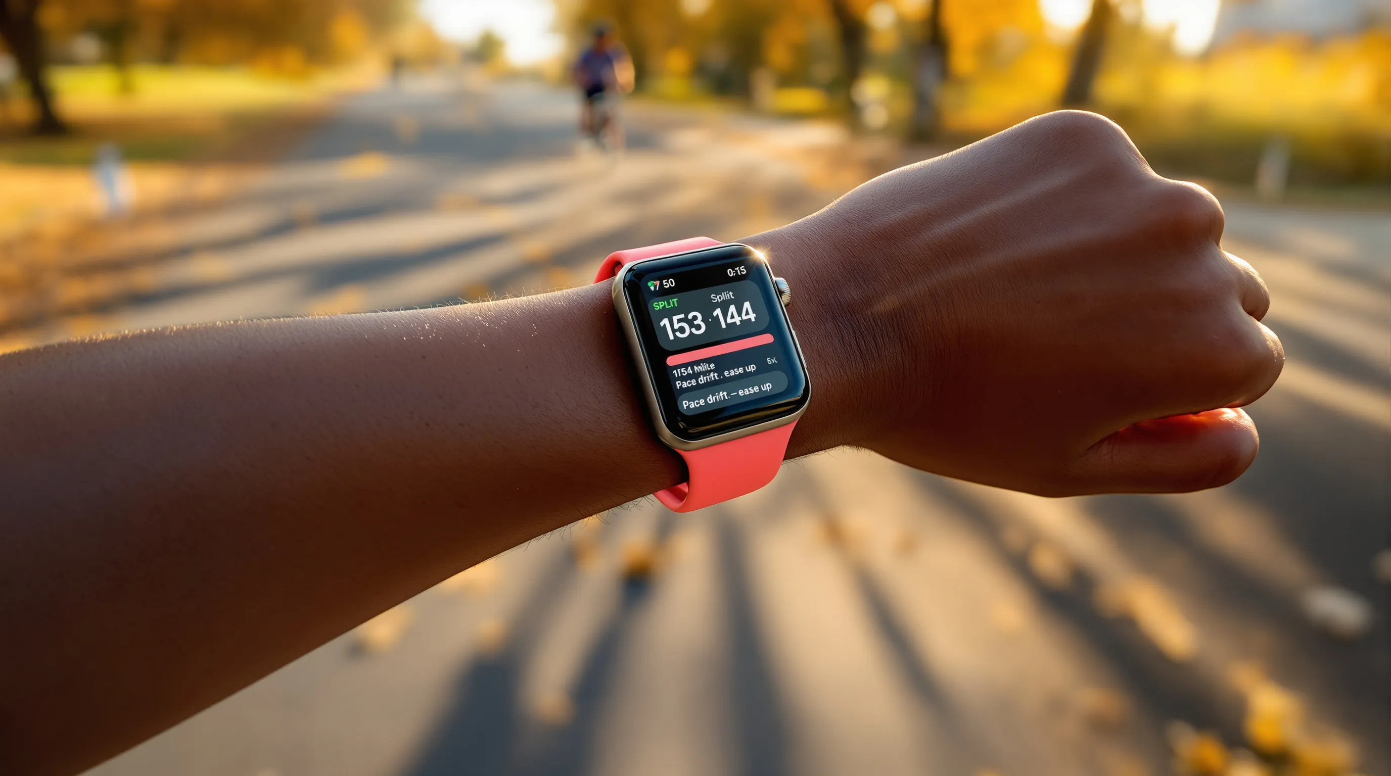 Close-up Apple Watch coaching a runner with splits and pace alerts.
