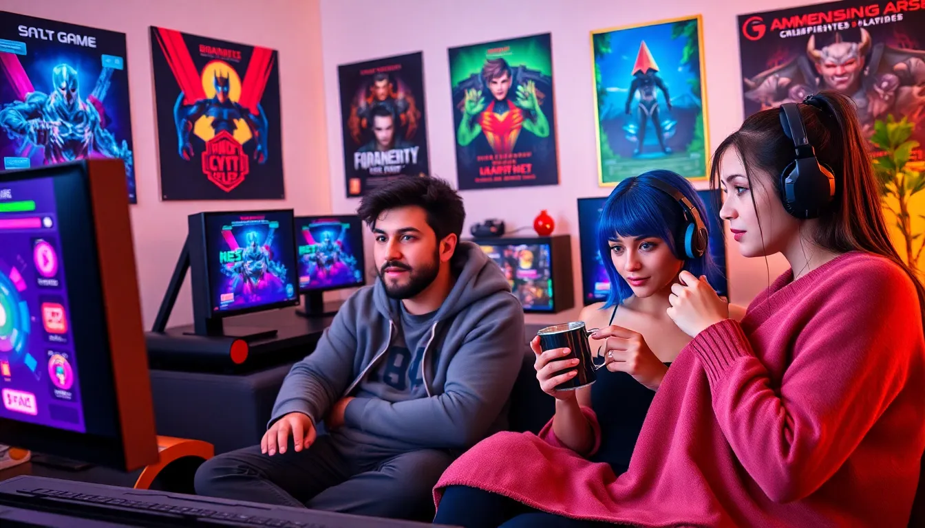 a group of diverse gamers engaging with cryptocurrency data in a modern living room.