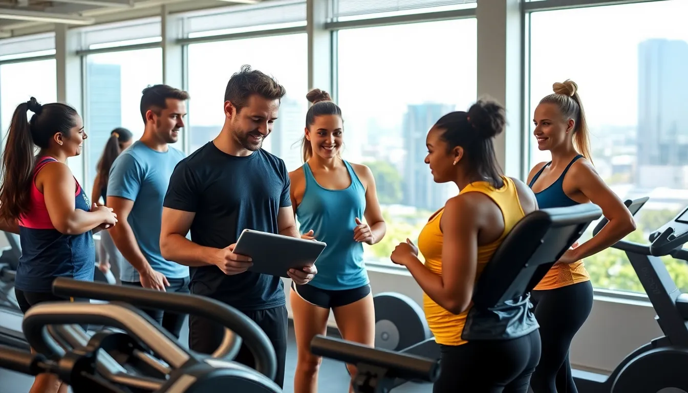 Fitness coach guiding a client in a modern Perth gym.