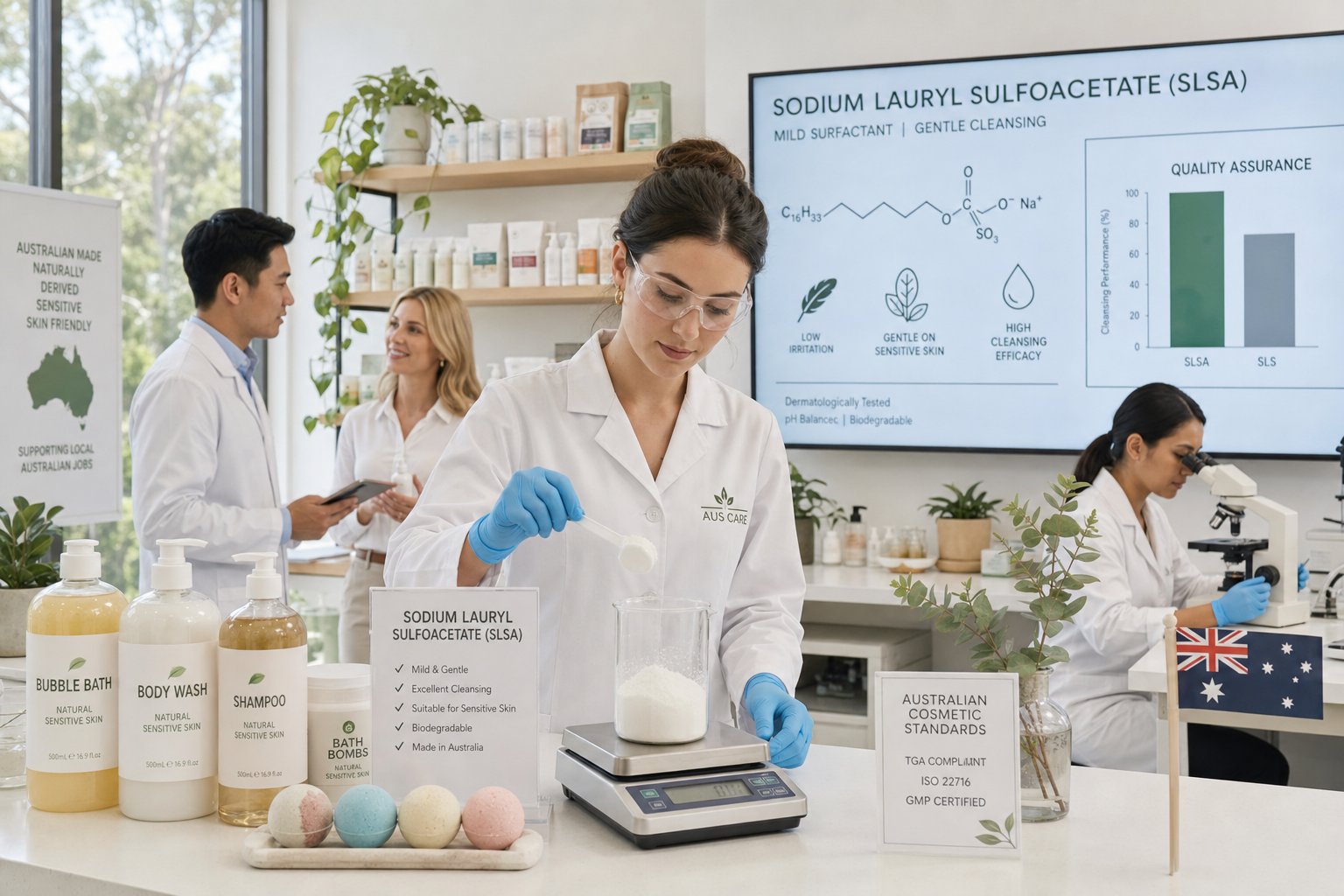 Scientists formulating gentle Australian cosmetic products with SLSA ingredient