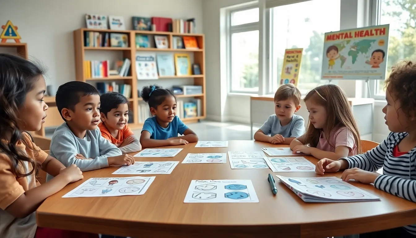 diverse children in a classroom using mental health worksheets.