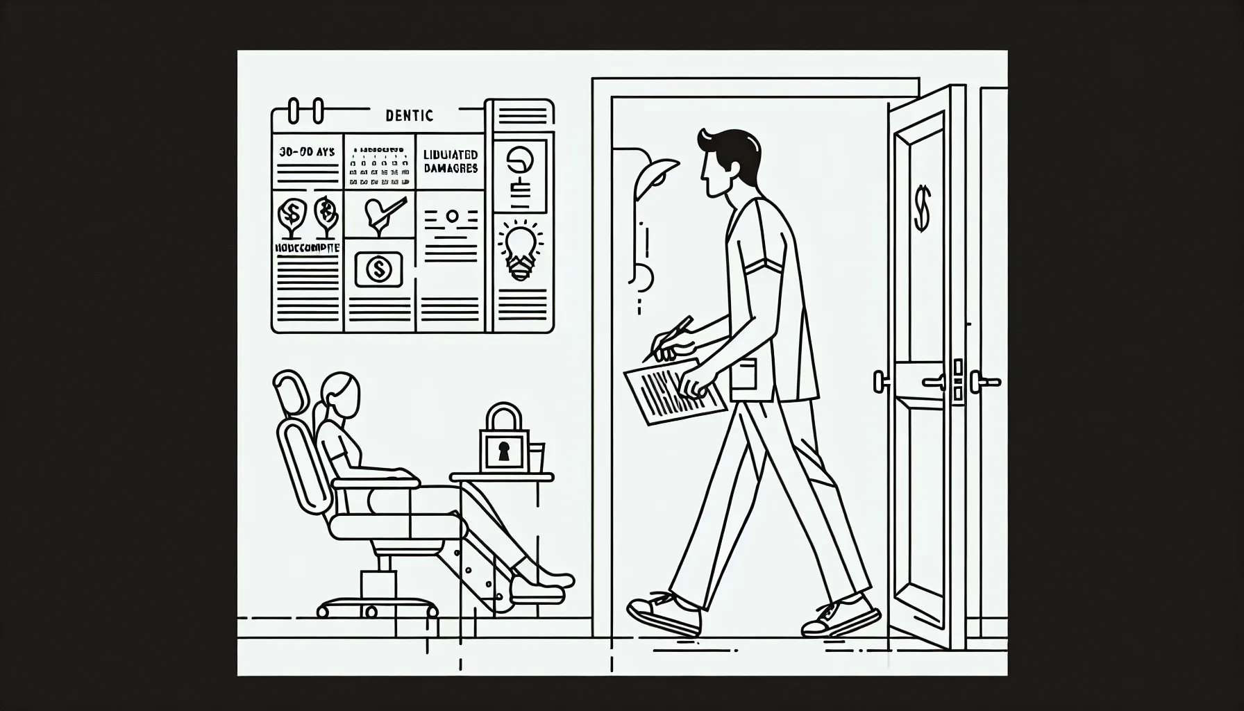 Dental associate leaving clinic holding a contract marked with penalty clauses.
