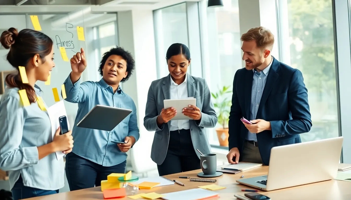 diverse team collaborating on productivity strategies in a bright office.