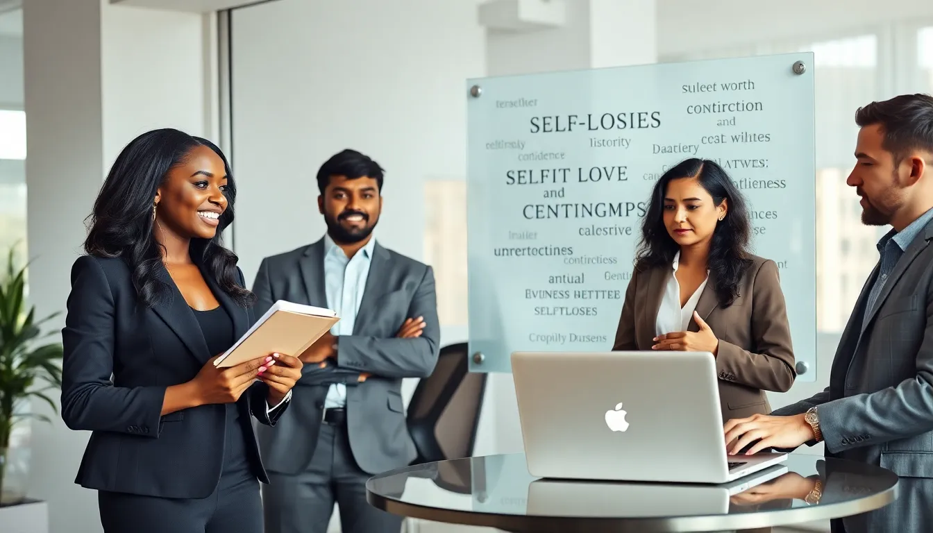 diverse group discussing self-love and relationships in a modern office.