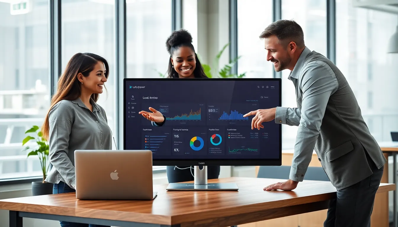team collaborating over the Lotsofpower.NET platform in a modern office.