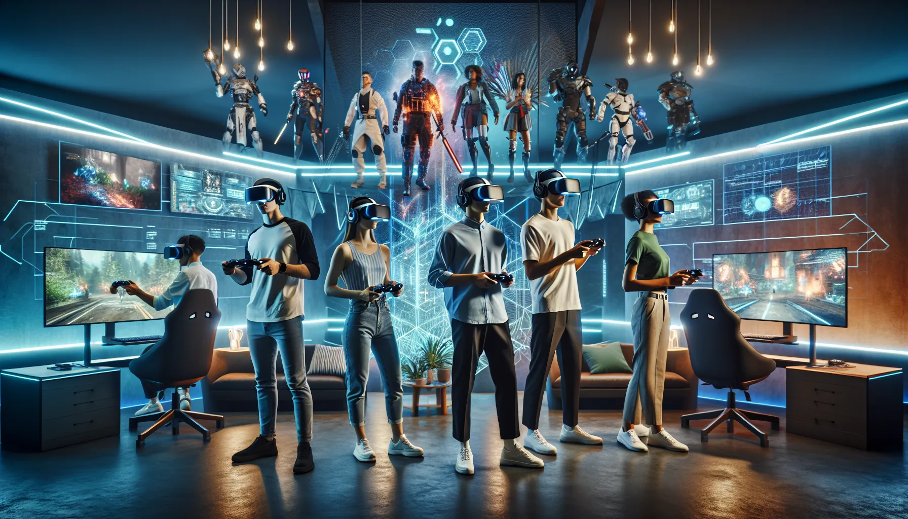 diverse gamers using virtual reality technology in a modern gaming lounge.