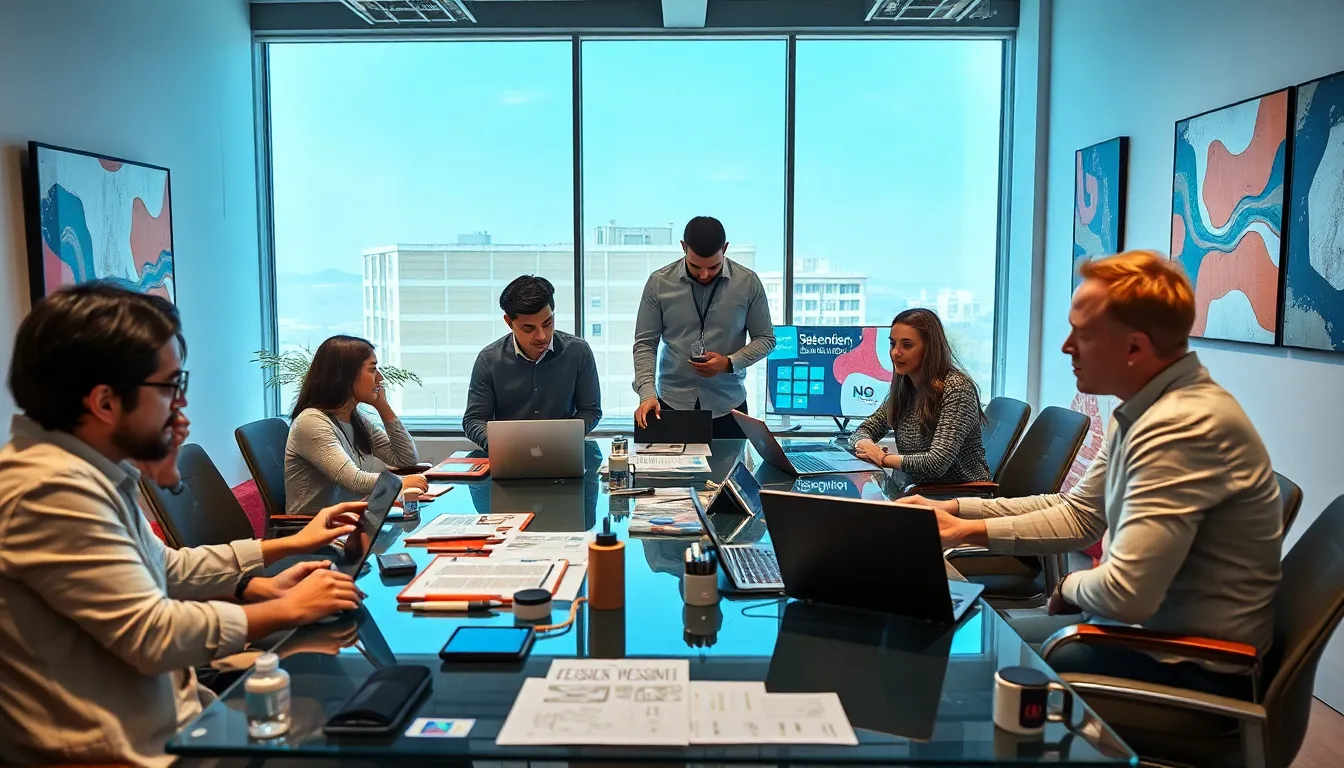 diverse team collaborating in a modern workspace.