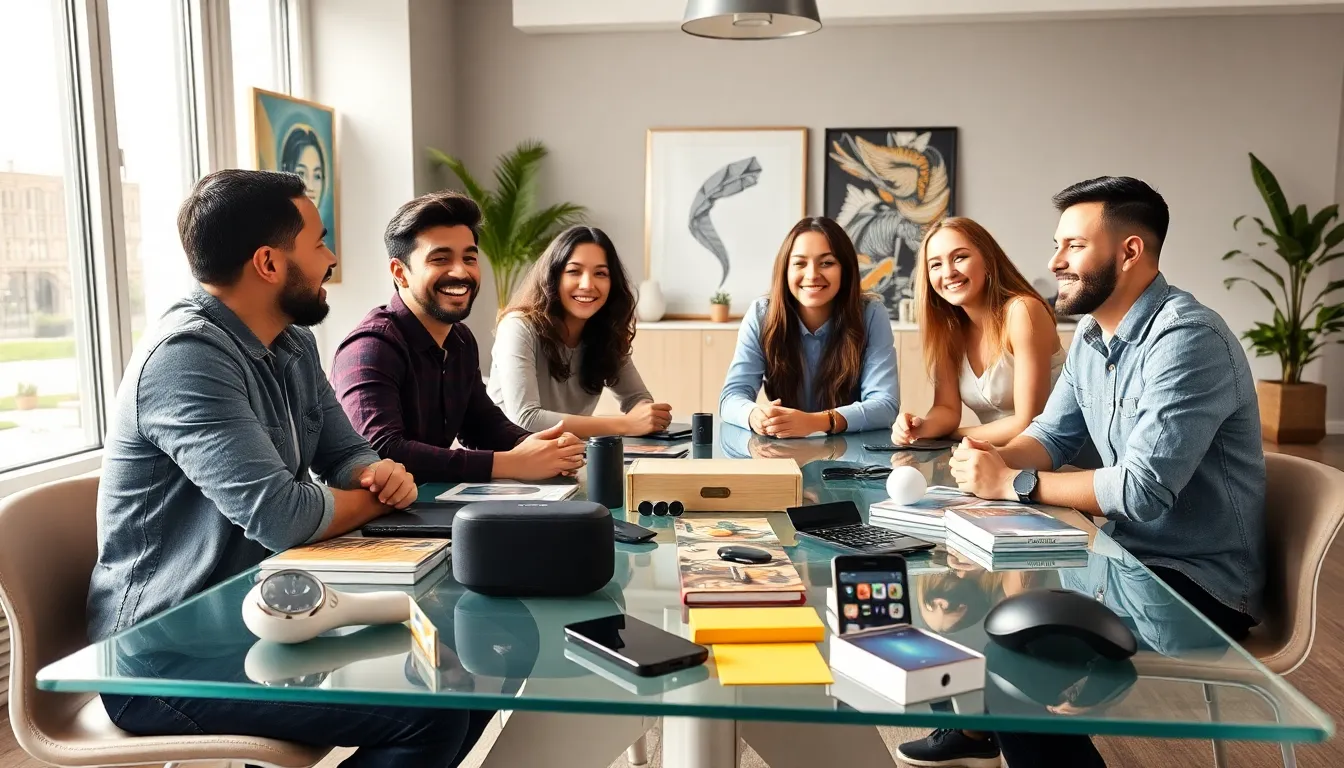 diverse team discussing innovative gadgets in a modern office.