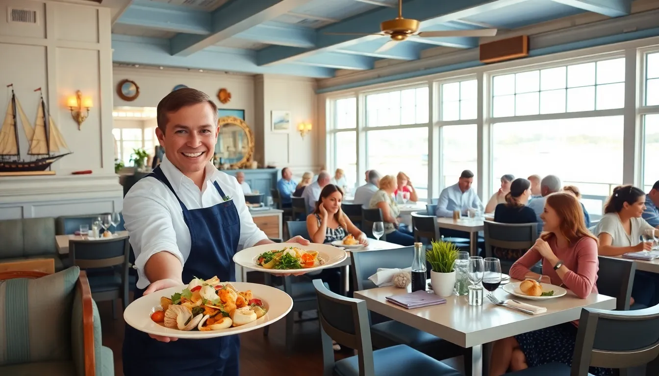 interior of The Schooner Restaurant with nautical decor and diners.