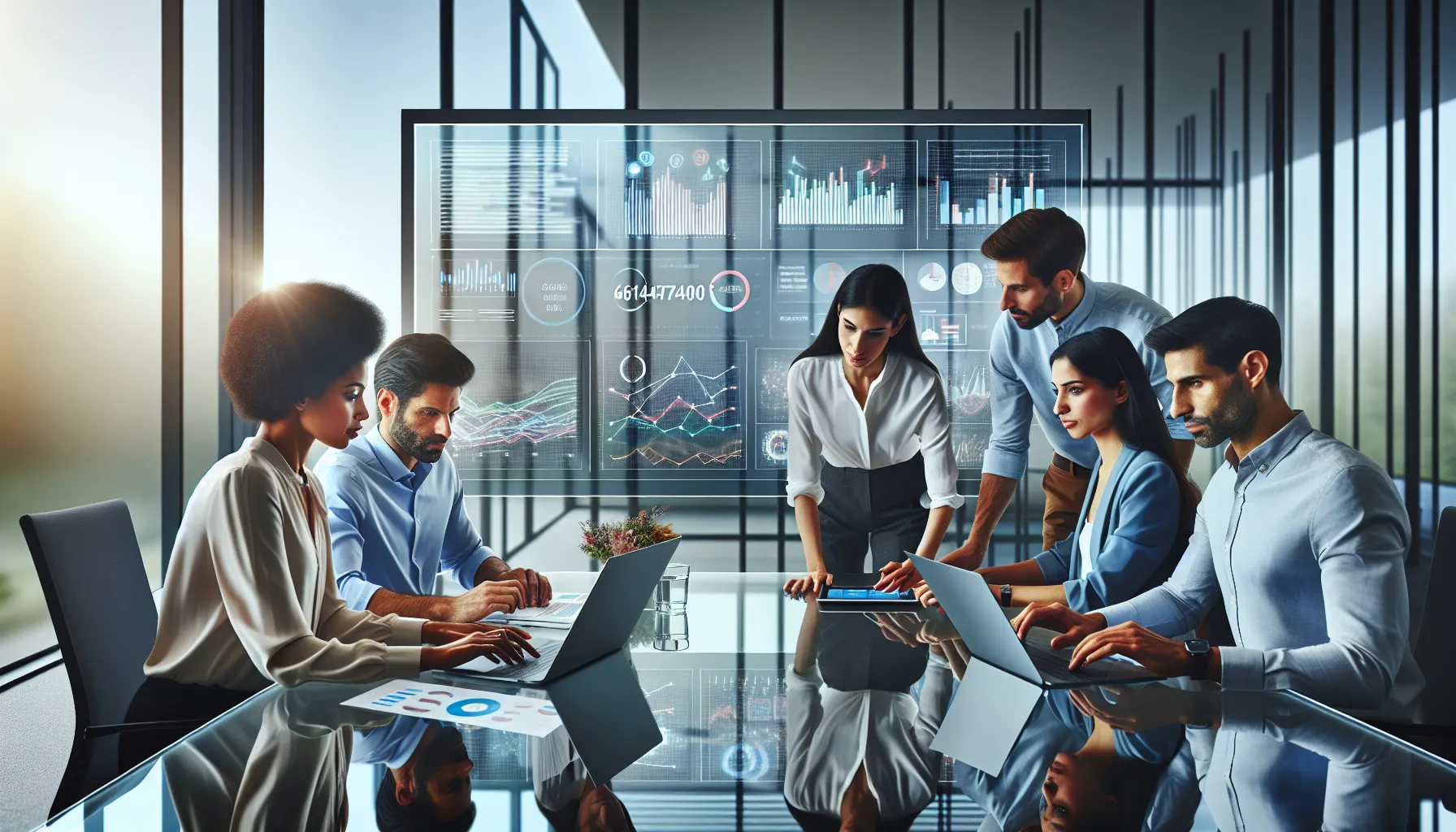 team analyzing data in a modern office setting.