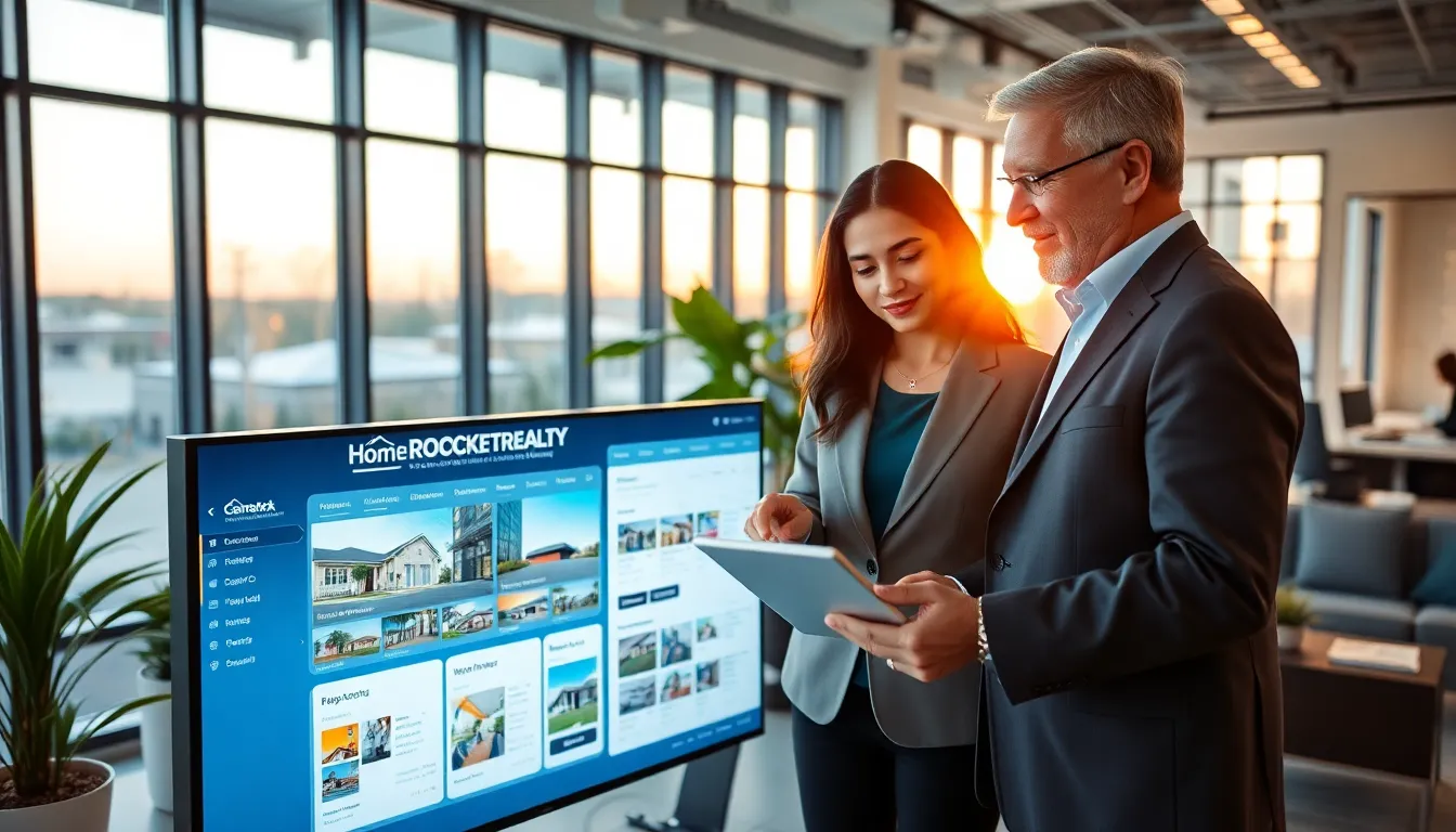 two professionals discussing real estate technology in a modern office.