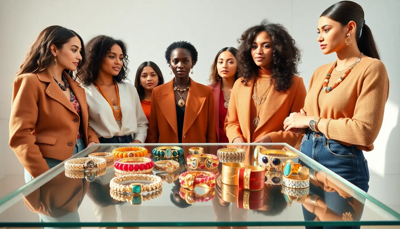 diverse individuals showcasing trendy jewelry in a modern setting.