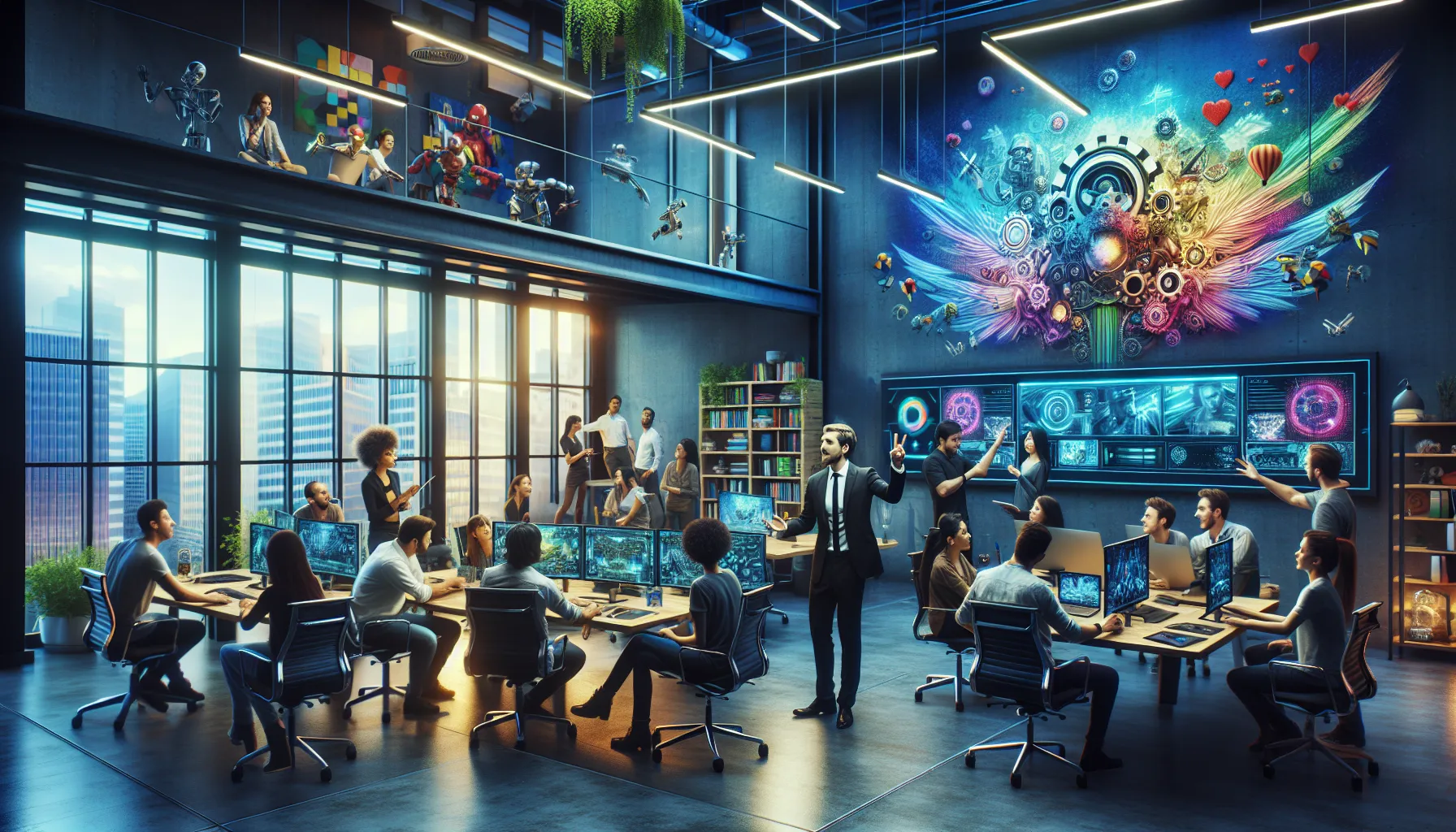 diverse team collaborating on future game projects in a bright office.