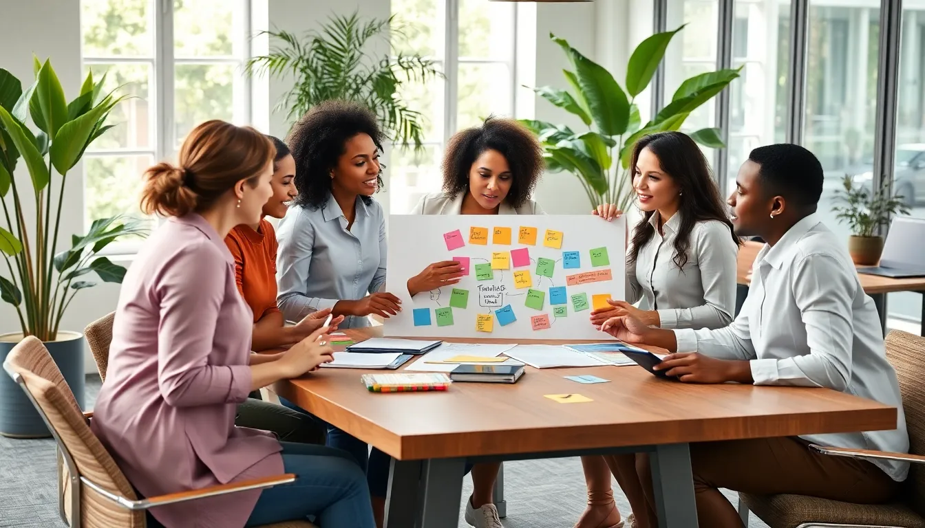 team brainstorming budget-friendly event ideas in a modern office.